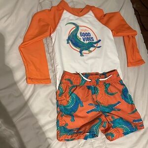 Carter's Orange and White Dinosaur Swim Rashguard Set